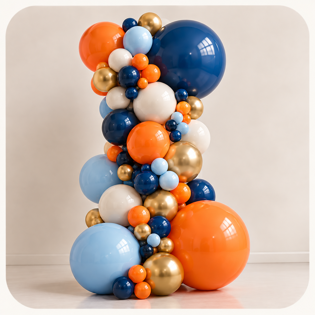 Blue, orange, gold and ivory balloon garland styling