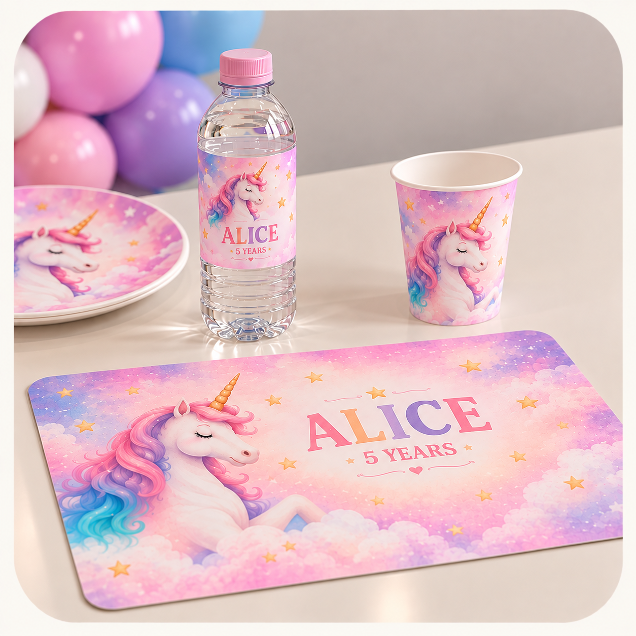 Unicorn party table with placemat, water bottle, cup and themed tableware